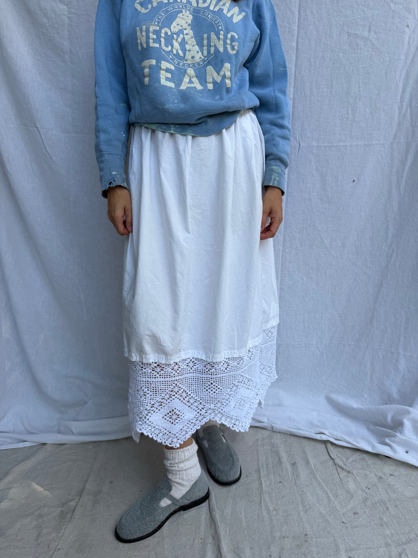 Antique Italian Cotton Skirt with Thick Crochet