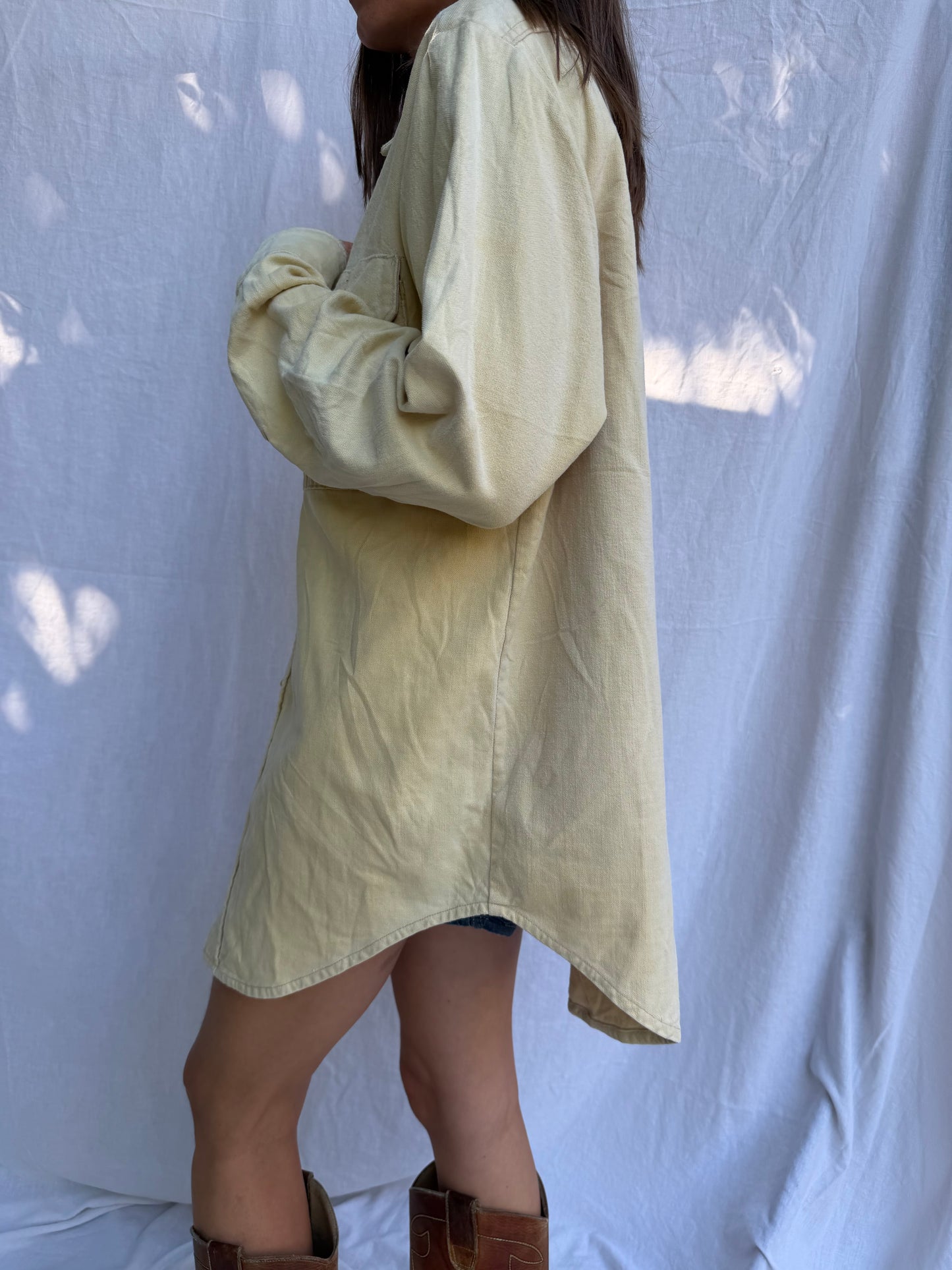 Super Loved Butter Yellow Distressed Button Up