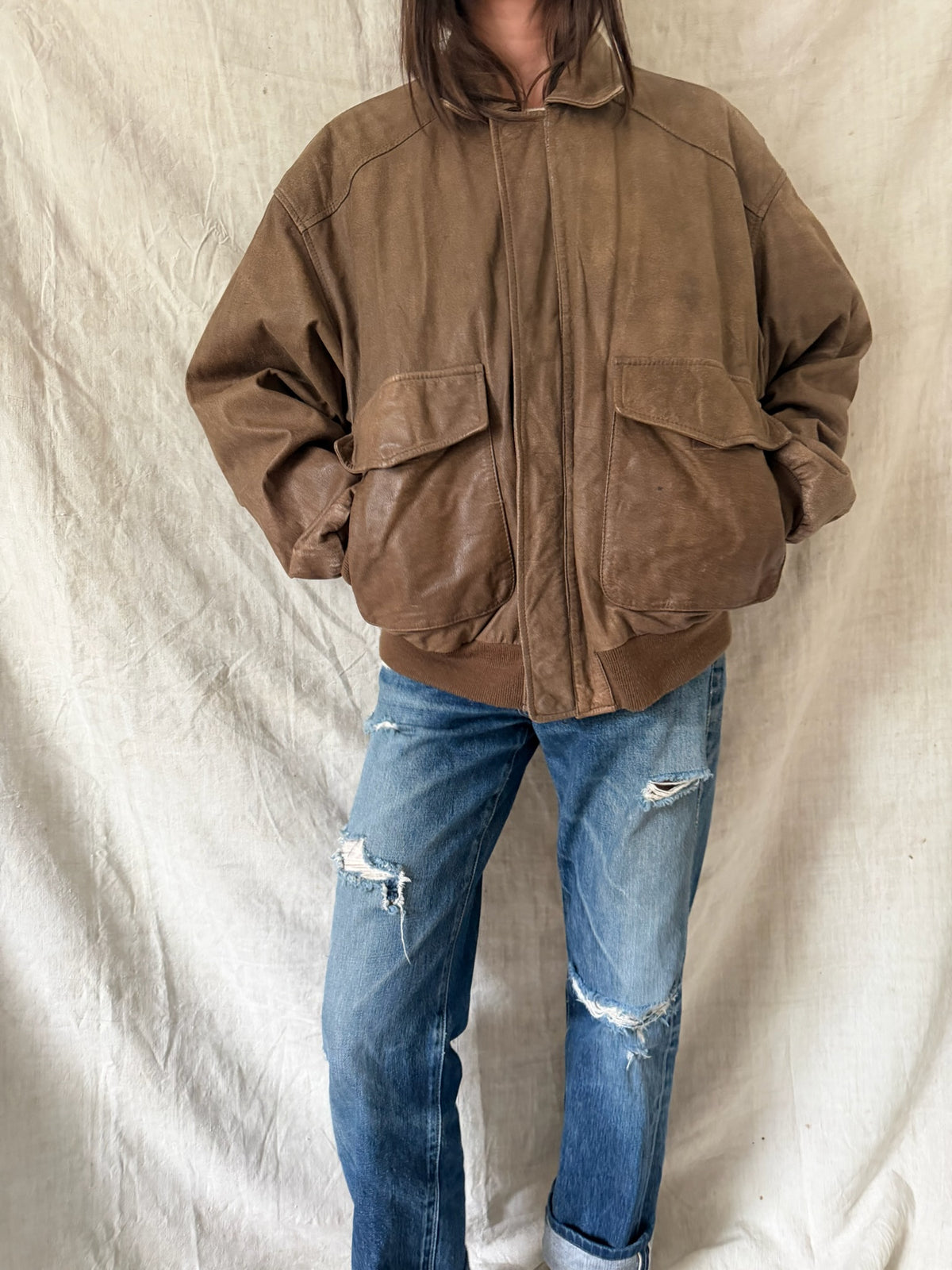 Faded Brown Leather Bomber