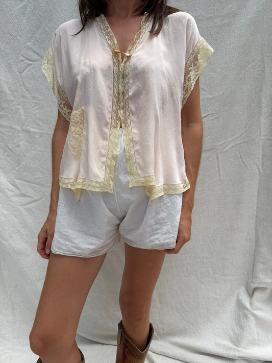 1930s Crepe Silk + Lace Bed Jacket