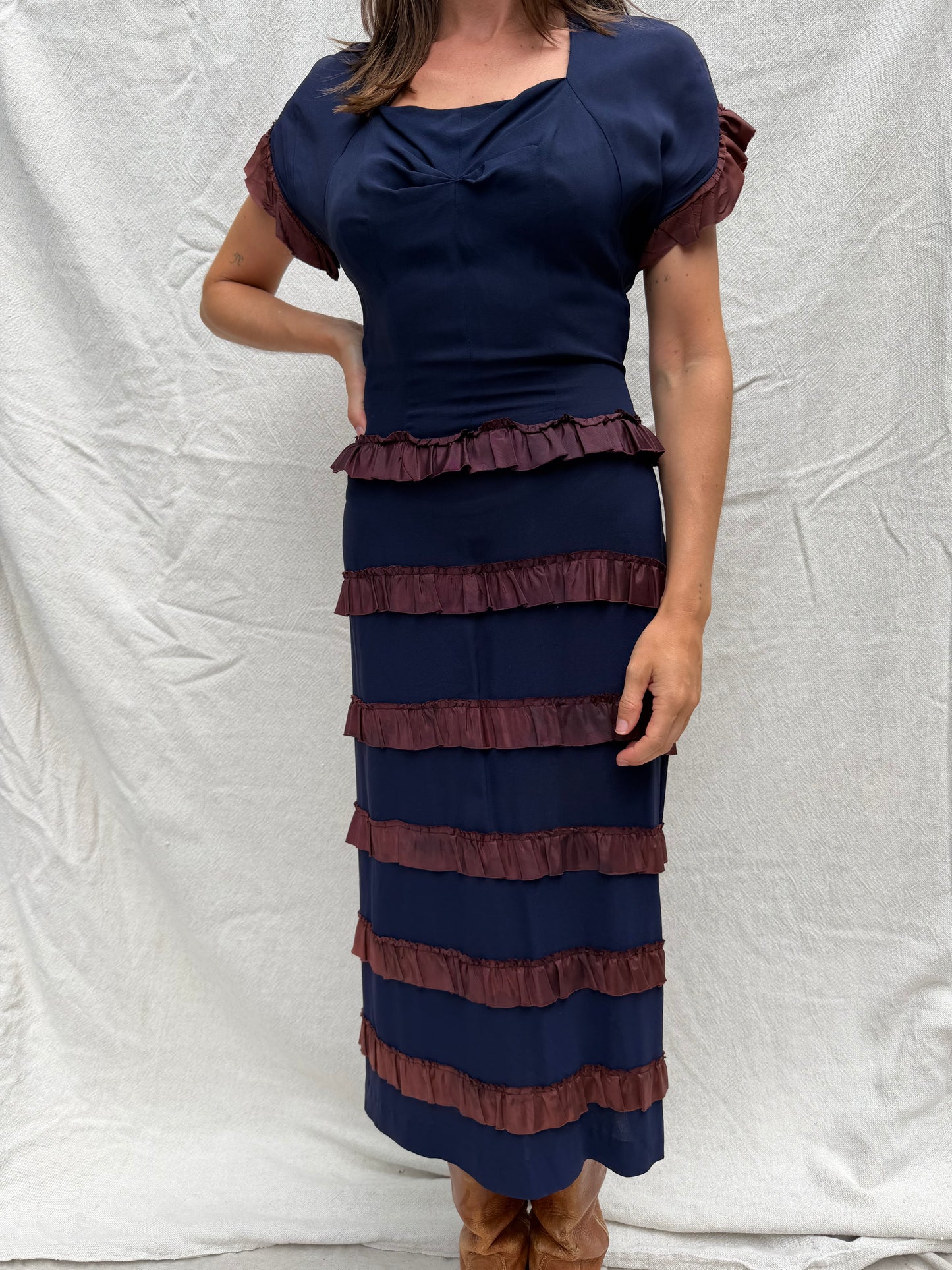 1940s Navy Ruffle Dress