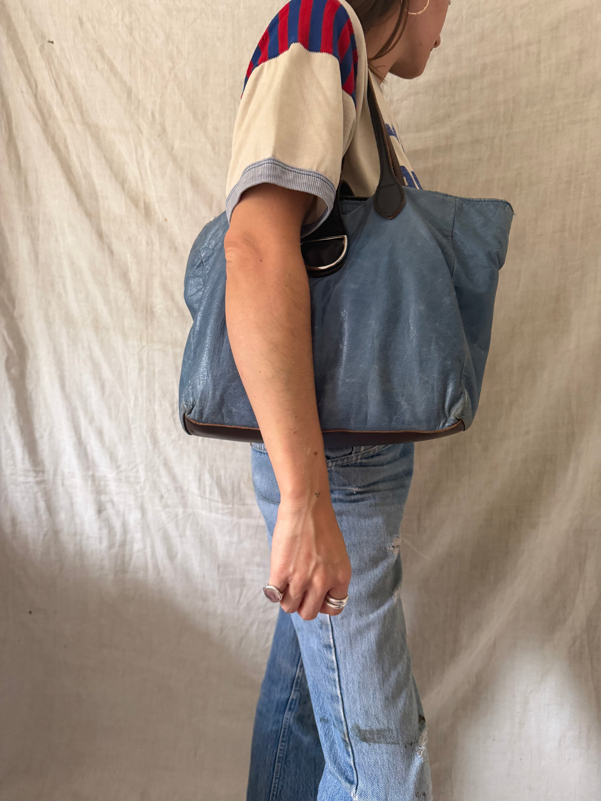Faded Blue Thin Super Soft Leather Tote