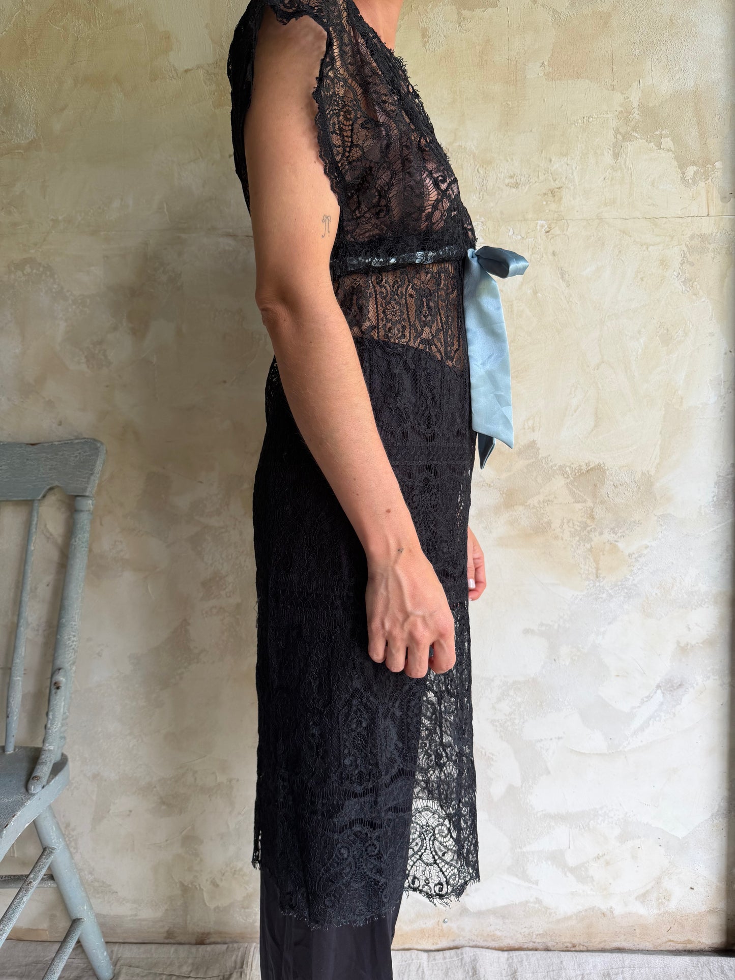 Black Lace Sheer Dress w Blue Satin Bow