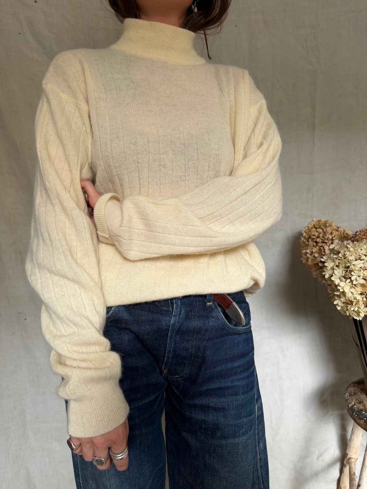 Cream Ribbed Mock Turtle Neck Sweater
