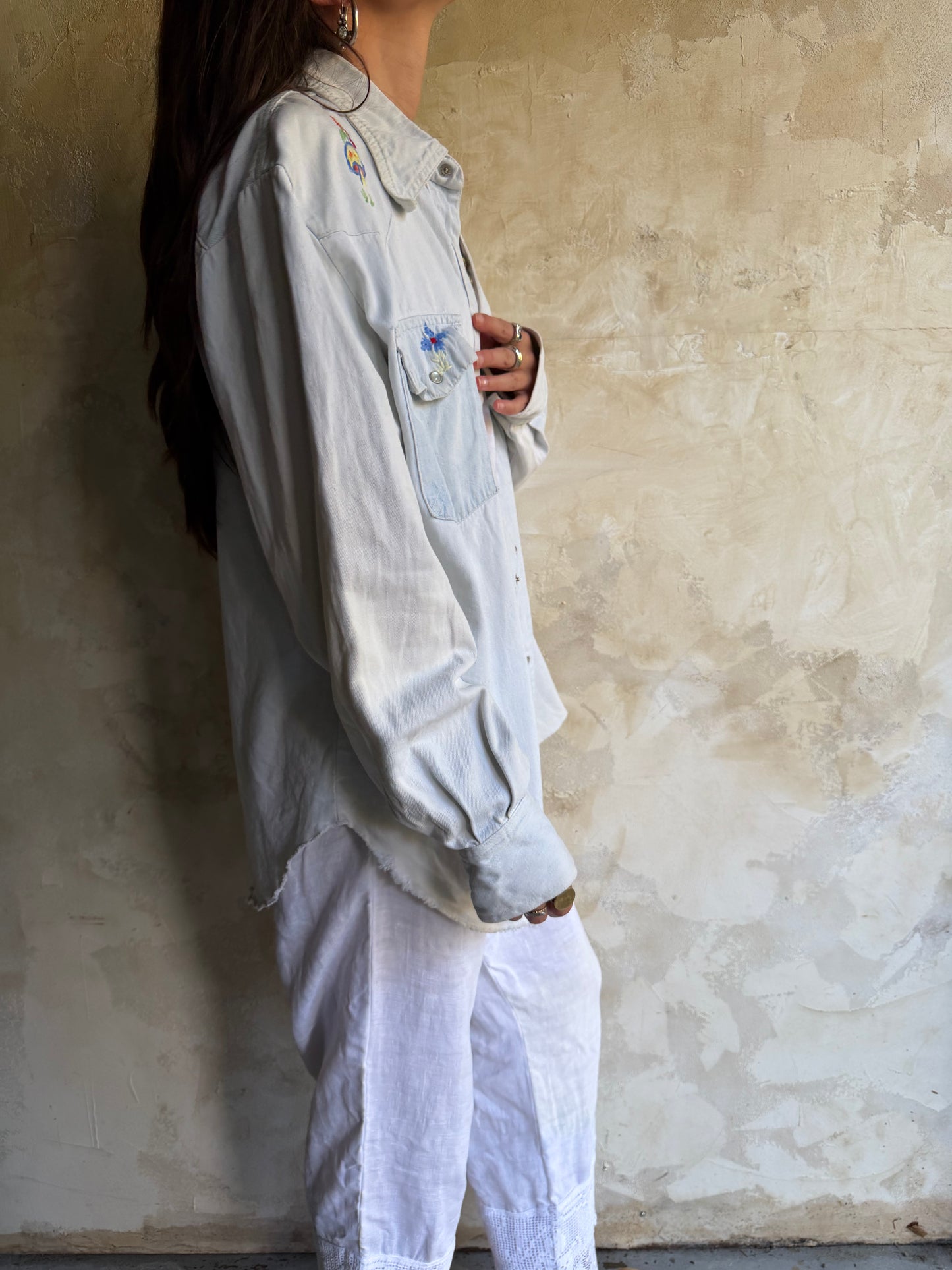 80s Hand Embroidered Light Wash Denim Button Up