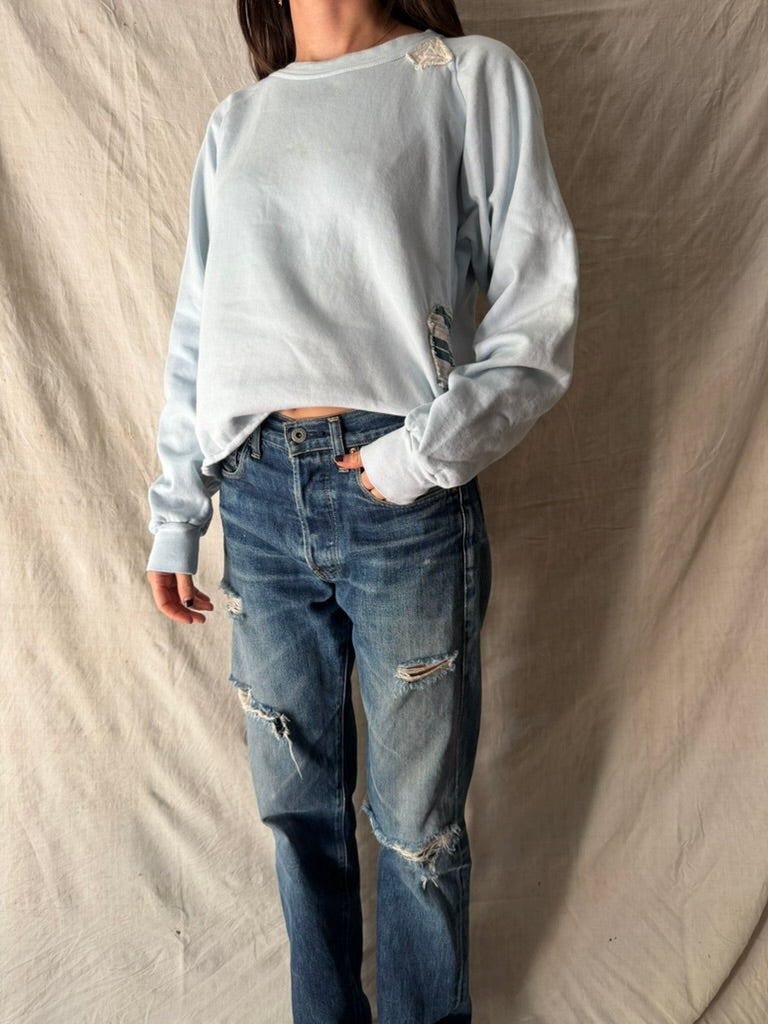 Pale Blue Cropped + Mended Crewneck