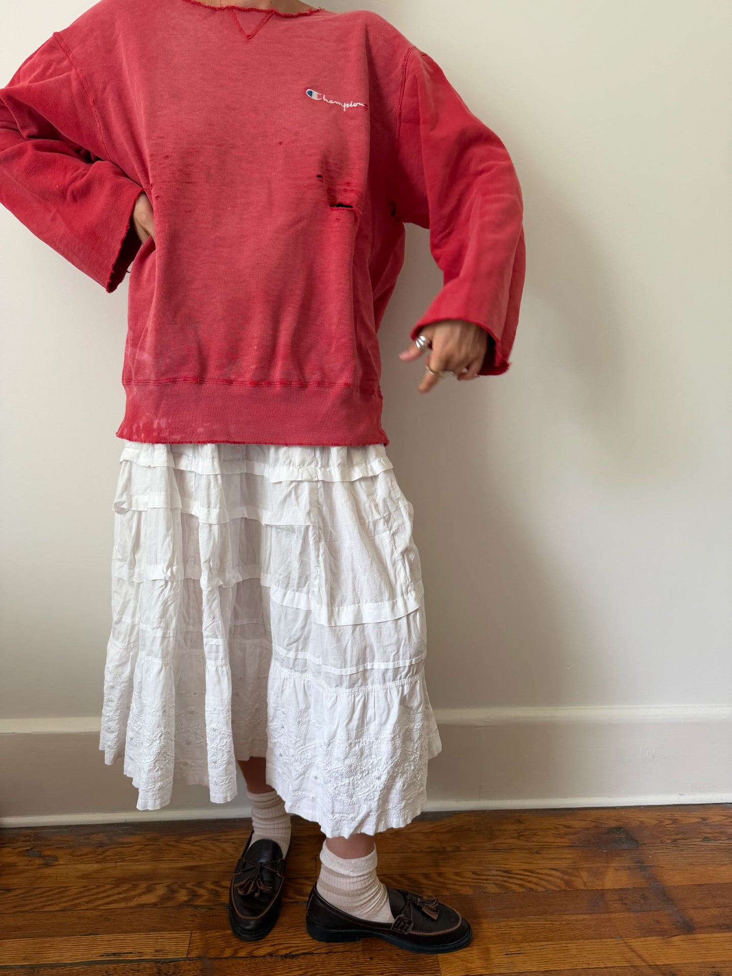 Faded and Distressed Red Champion Crewneck