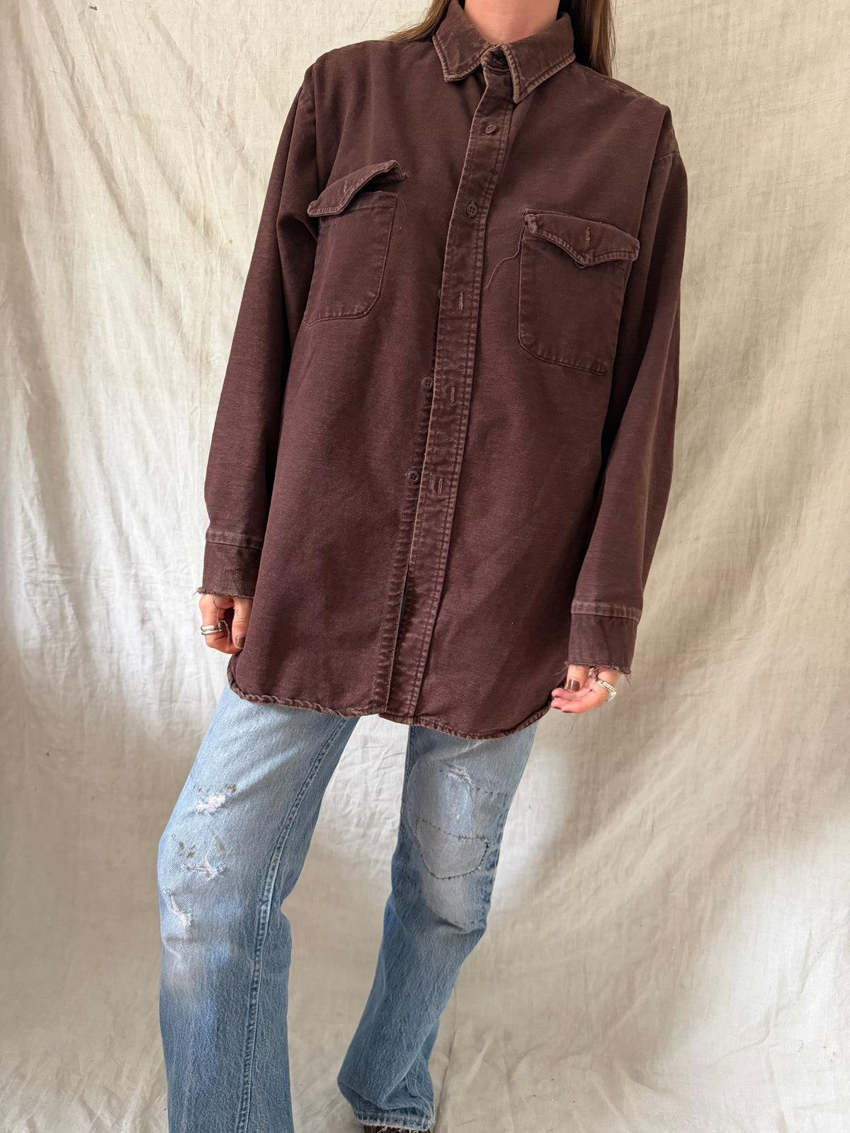 Dark Brown Distressed Button Up