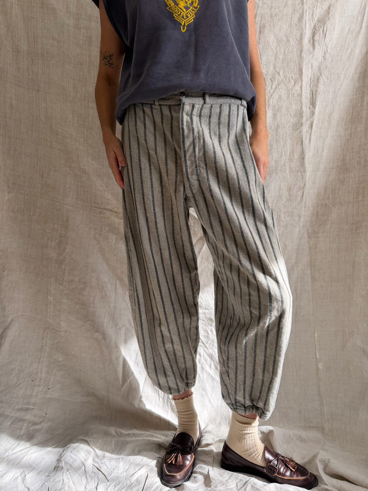 Pinstriped Grey Wool Baseball Trouser