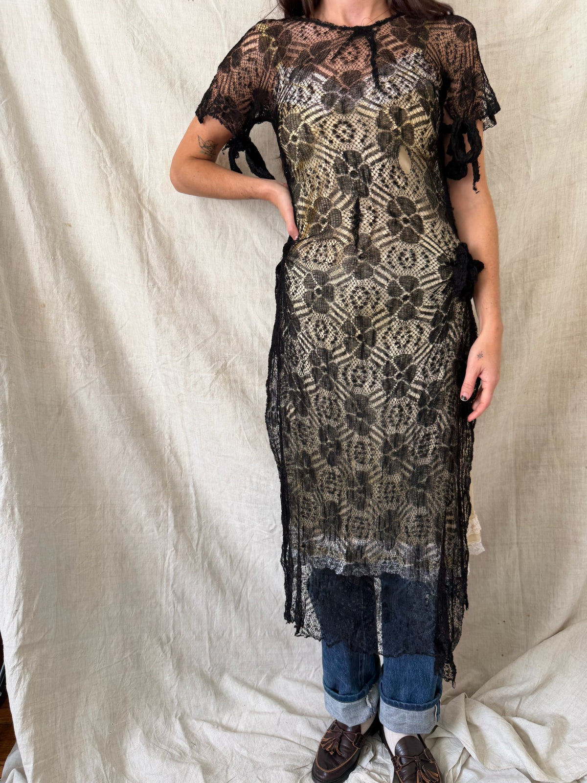 1920s Antique Black Mesh Lace Overlay