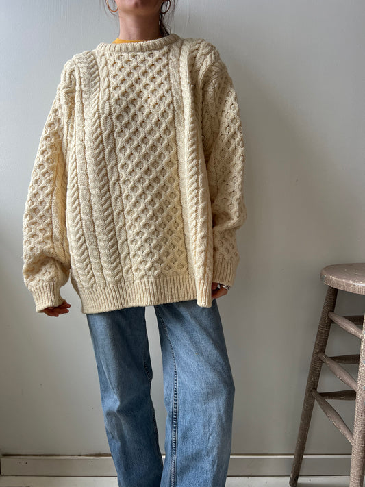 LL Bean Cream Fisherman Wool Sweater