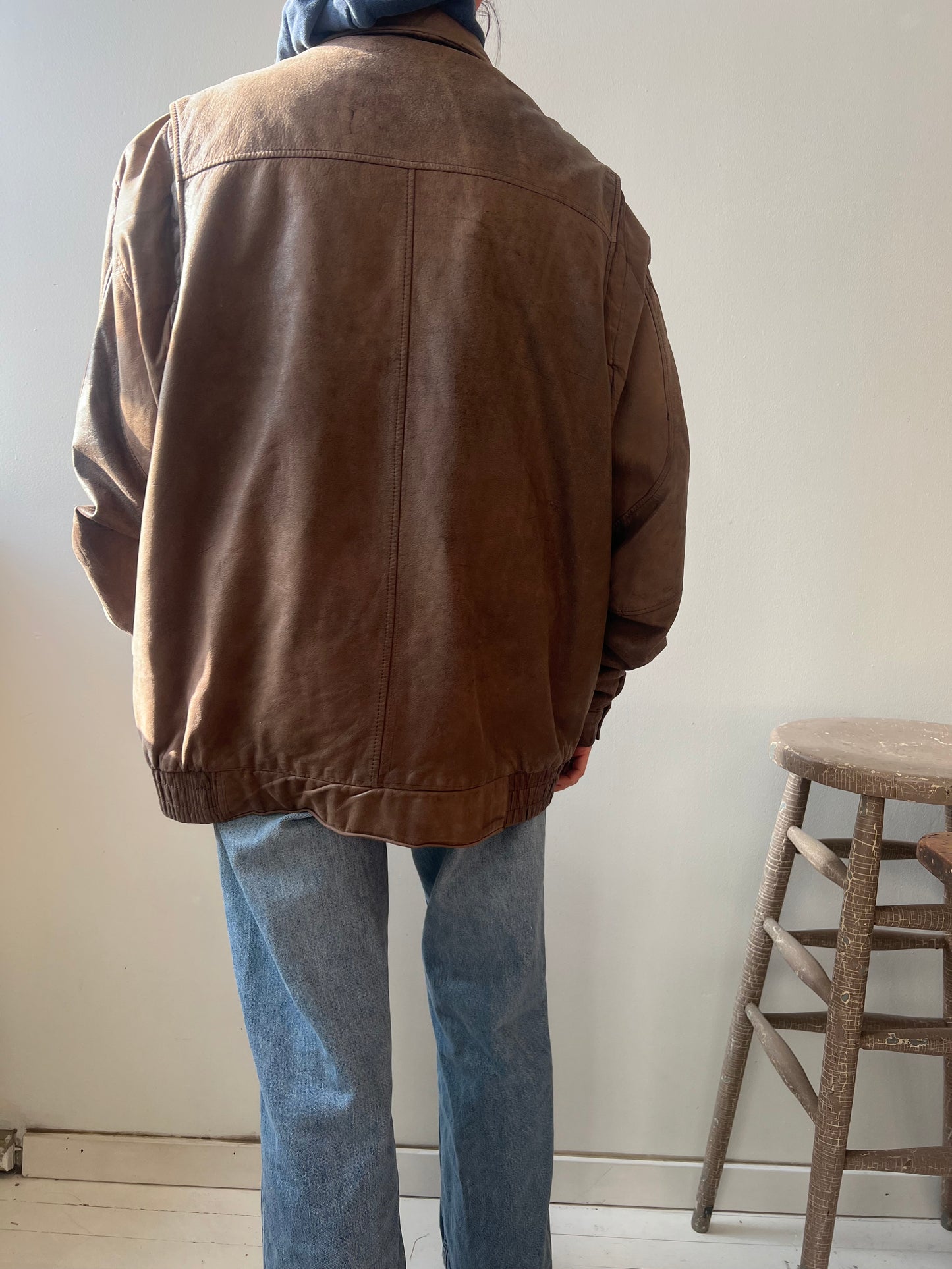Fawn Brown Leather Bomber Jacket