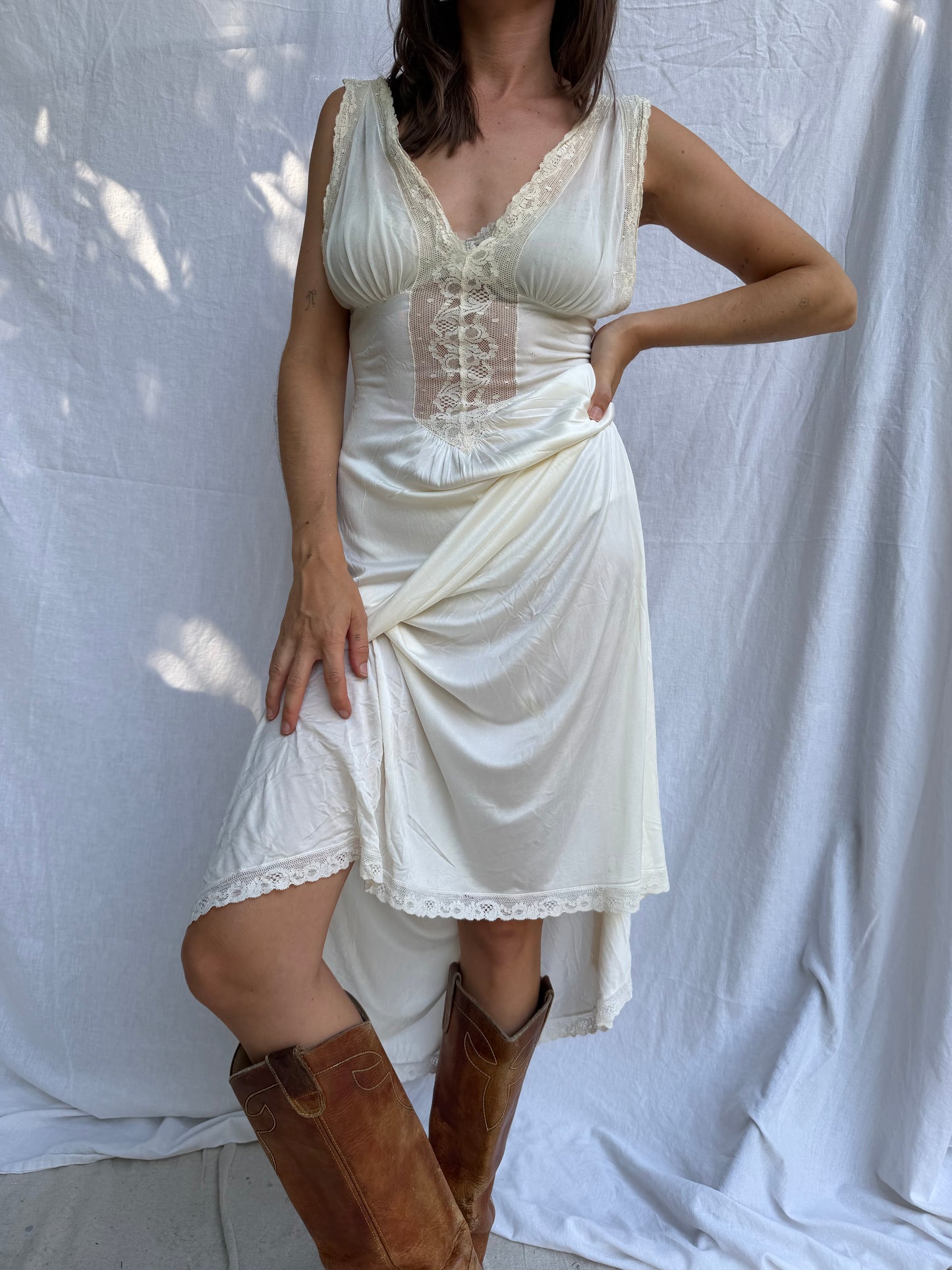 Long Cream Nylon Slip Dress