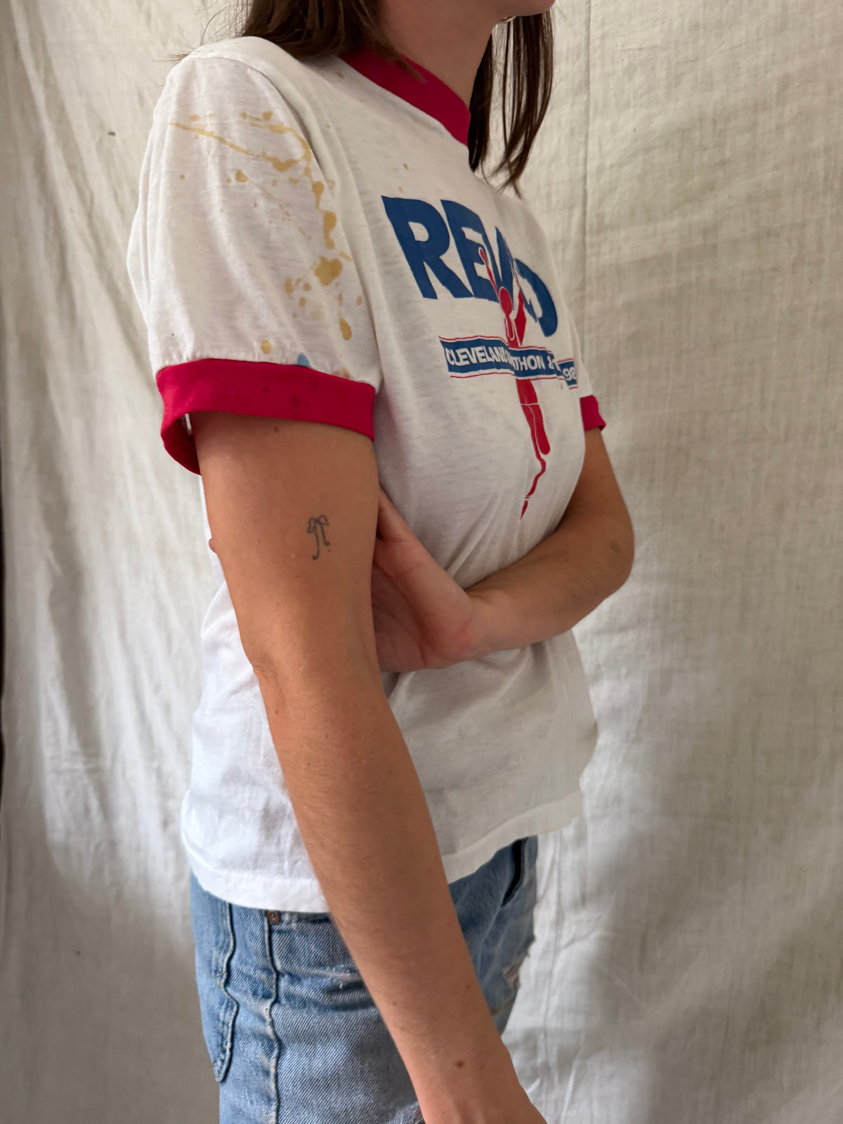 White and Red Cleveland Marathon Ringer Tee
