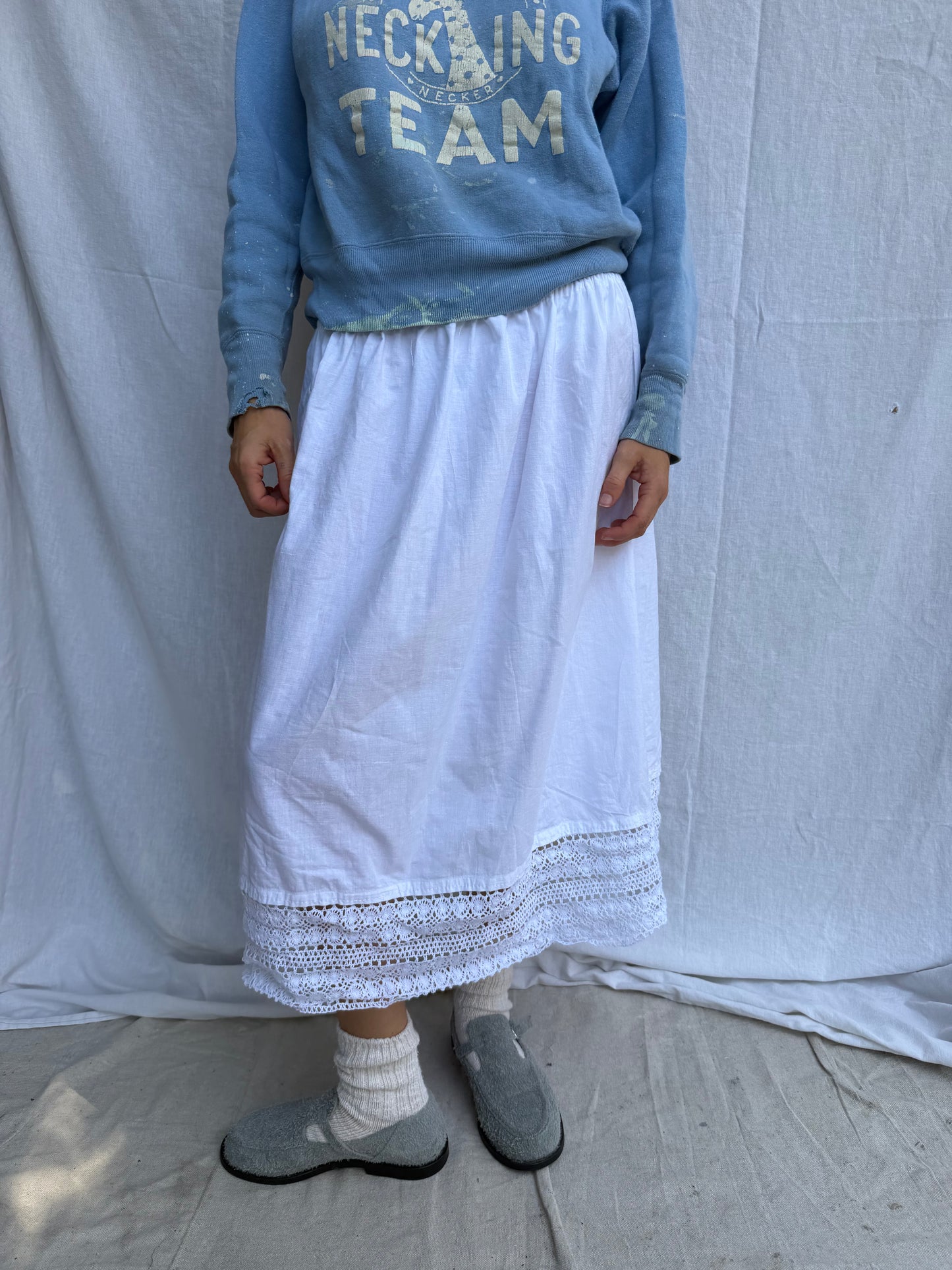 Antique Italian White Cotton Skirt w Crochet Trim