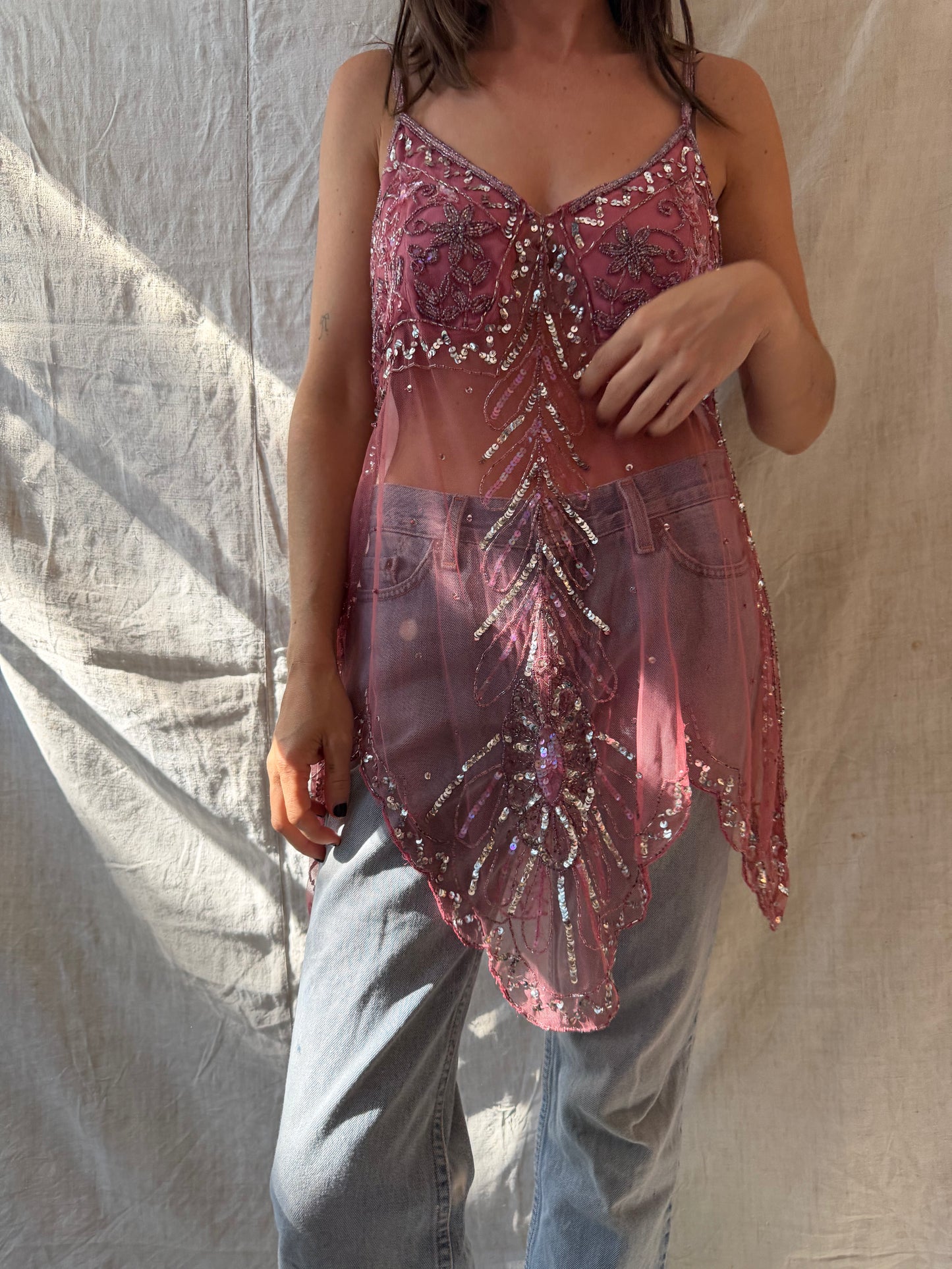 Pink Beaded Mesh Tank