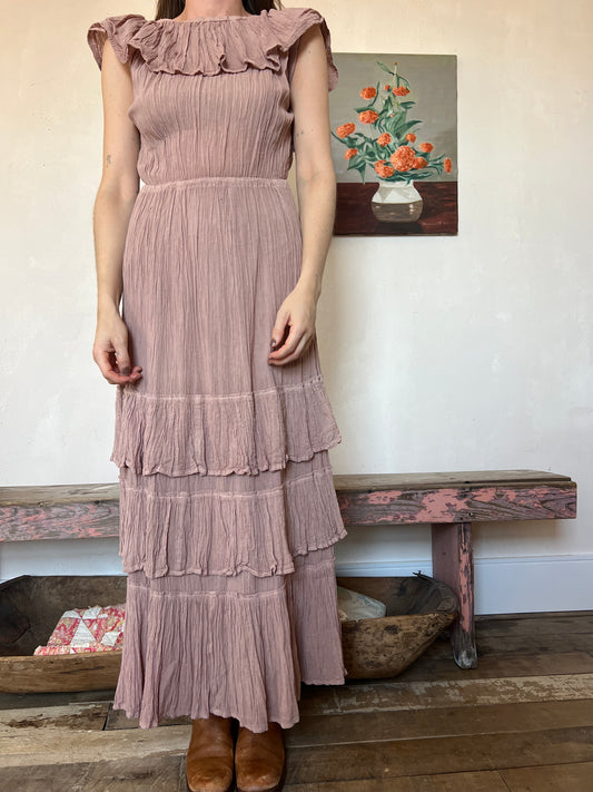 Oaxacan Off the Shoulder Tiered Ruffle Dress in Dusty Rose