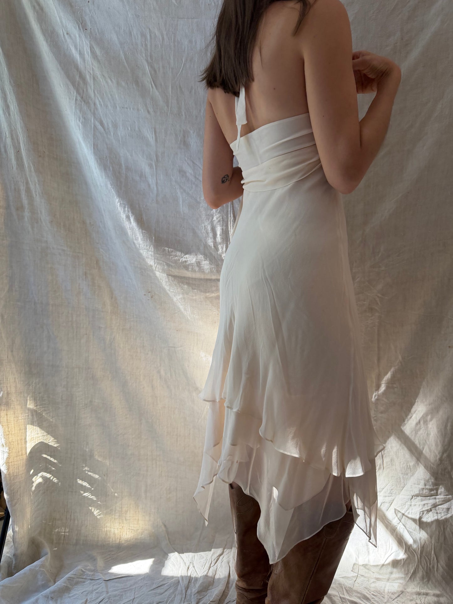 Ivory Silk Flowy Halter Dress