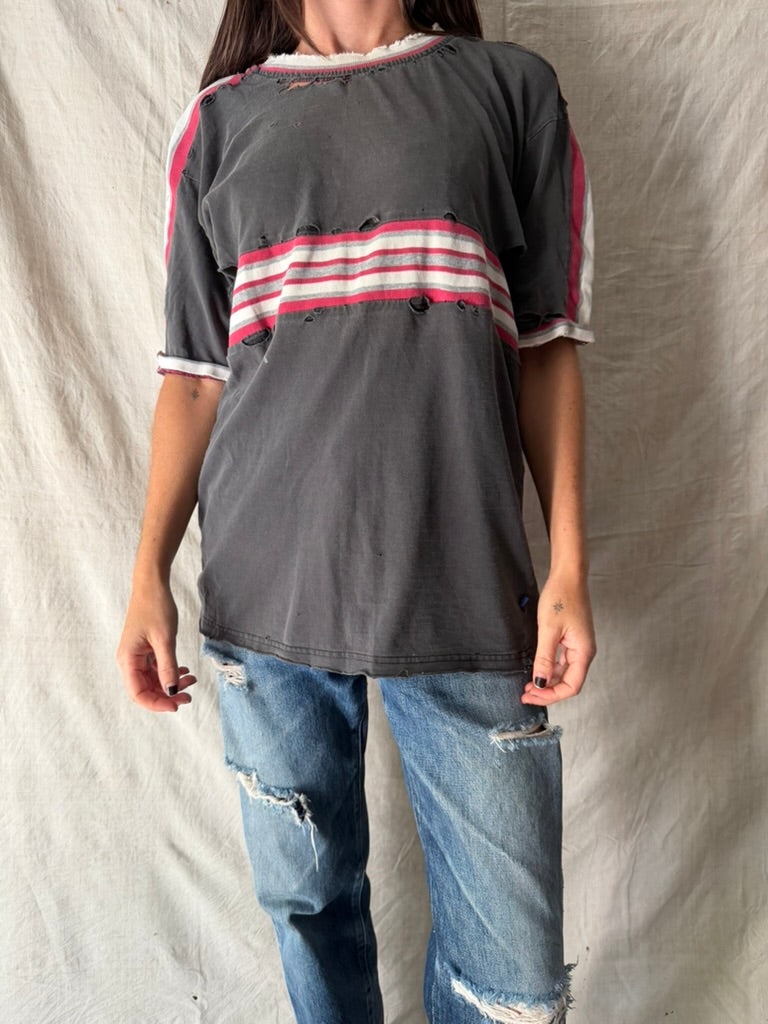Super Distressed Grey + Red Striped Tee