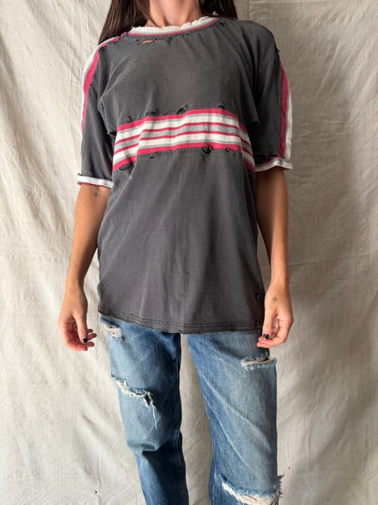 Super Distressed Grey + Red Striped Tee