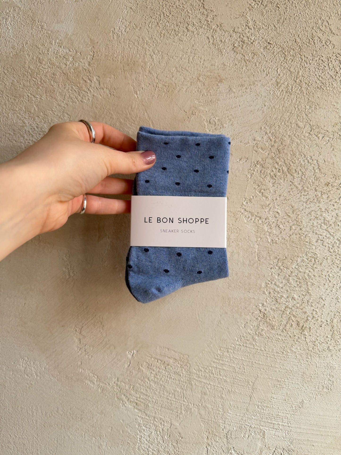 Patterned Sneaker Socks in Blue/Navy Polka Dot By Le Bon Shoppe