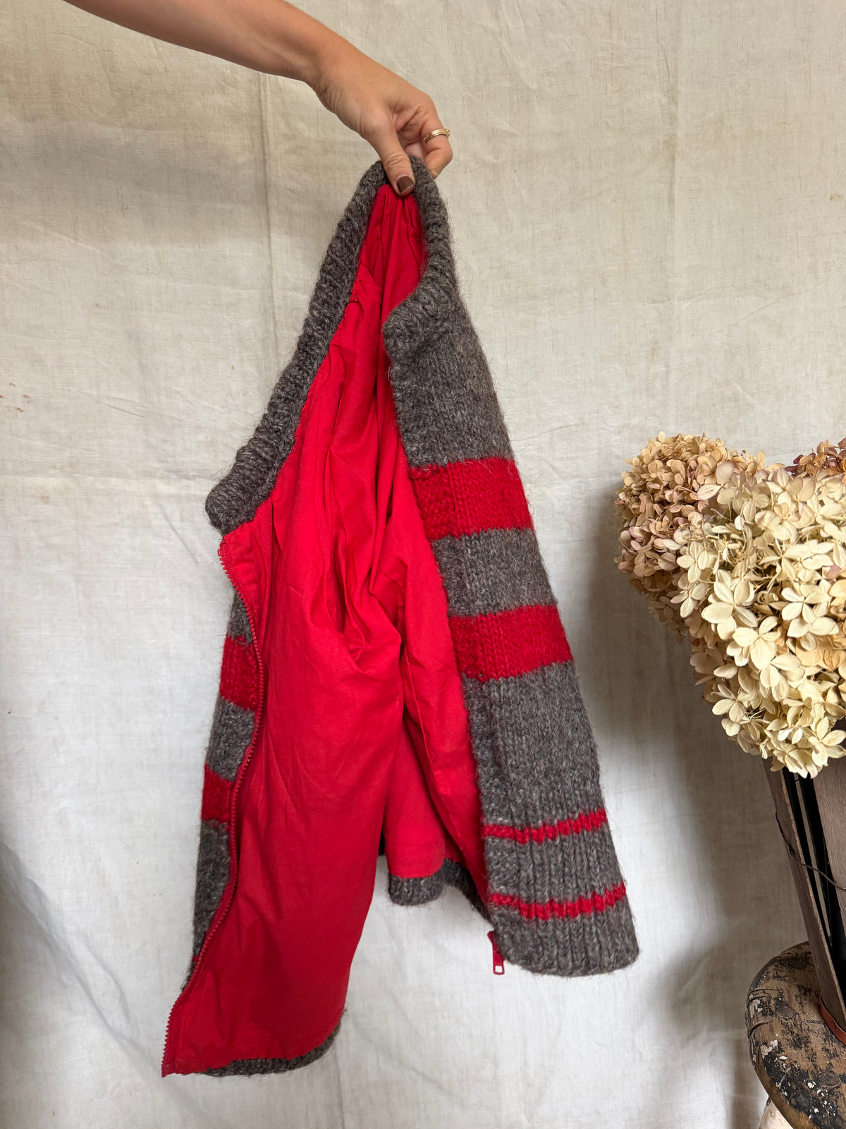 Handmade Striped Red and Fawn Sweater