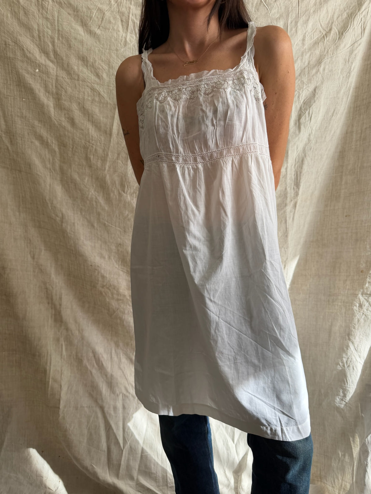 Antique French Cotton Slip with Mesh Ruffle