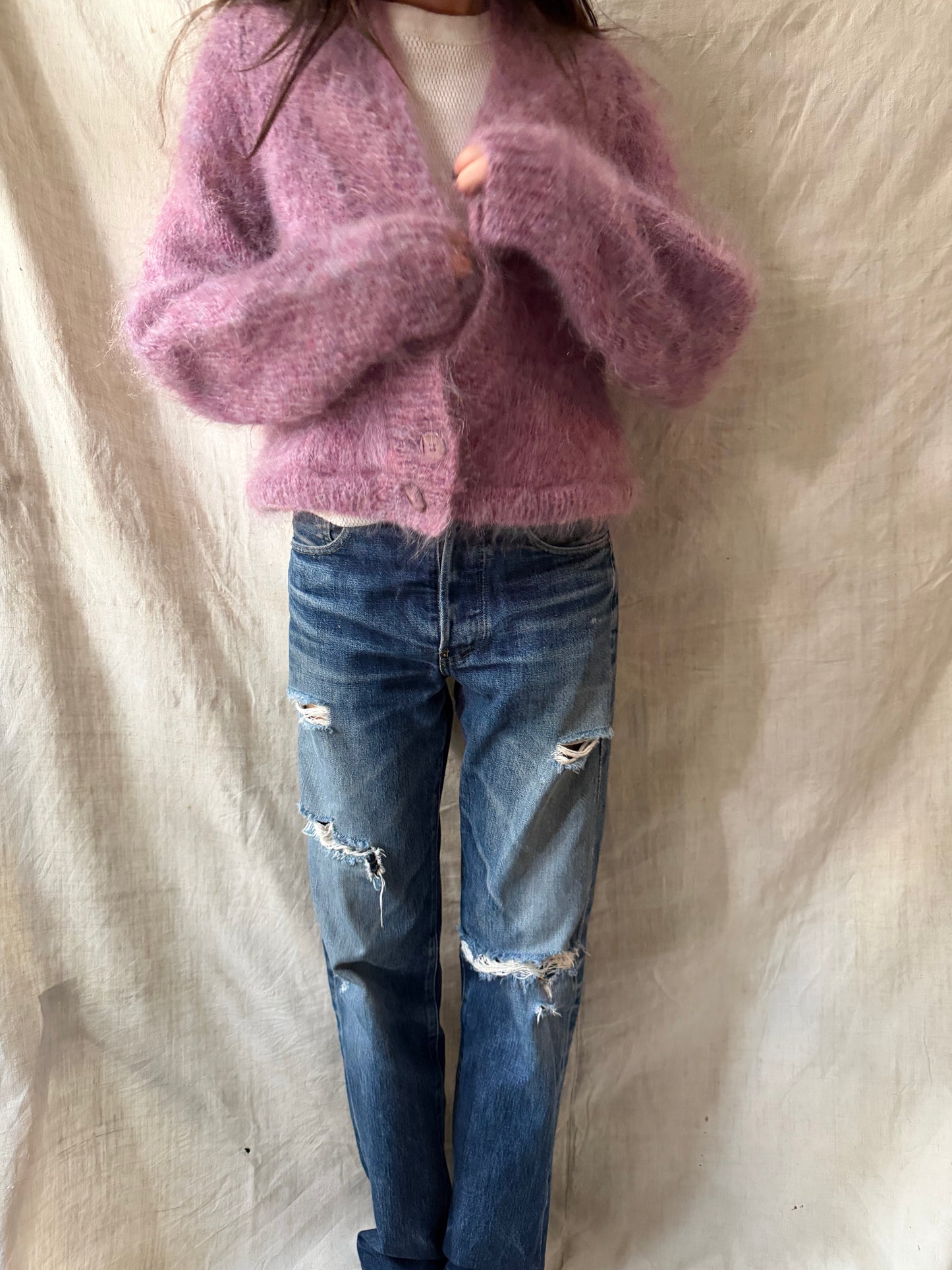 Cropped Magenta Mohair Cardigan