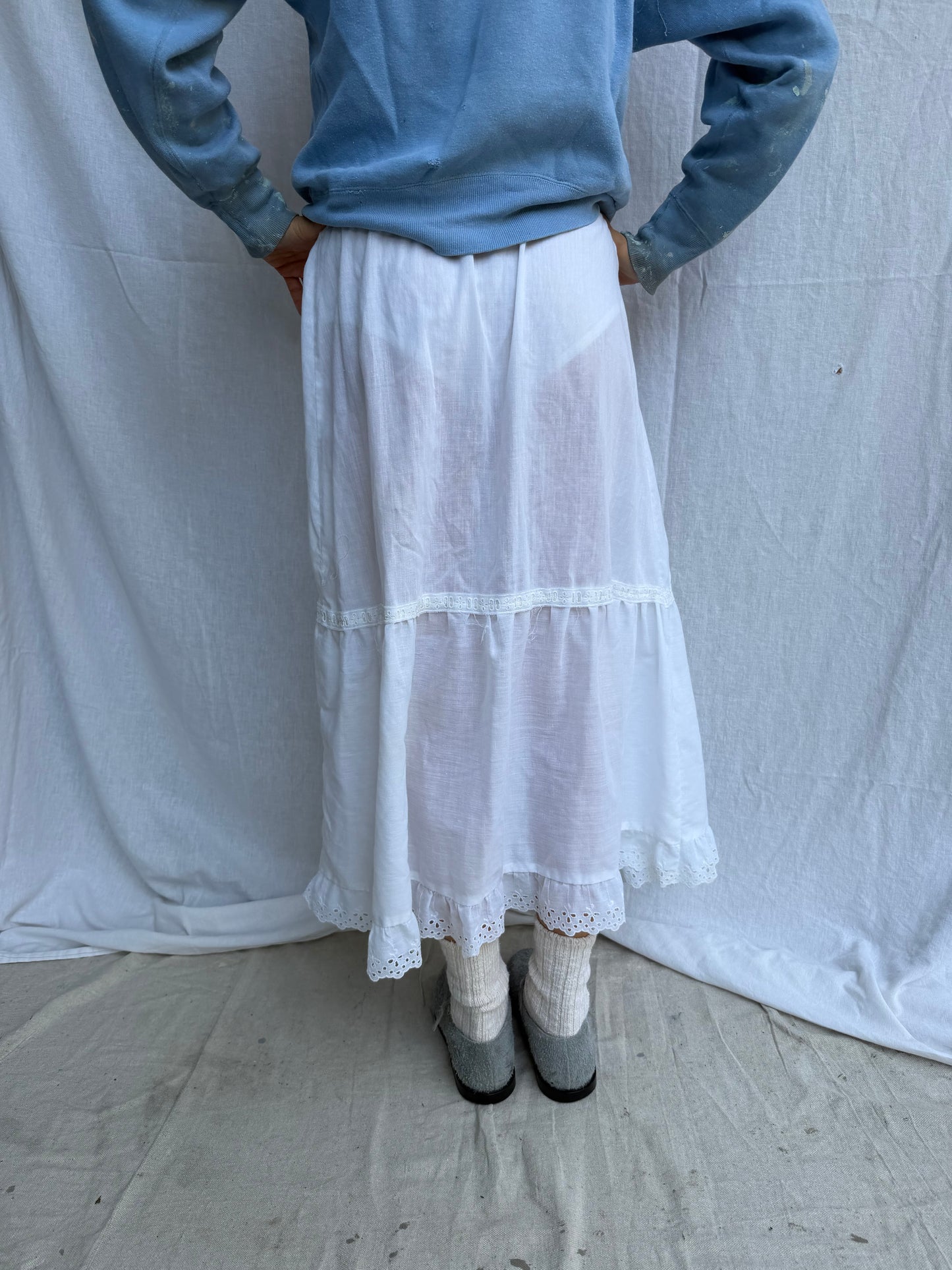 Long Sheer White Cotton Ruffle Skirt