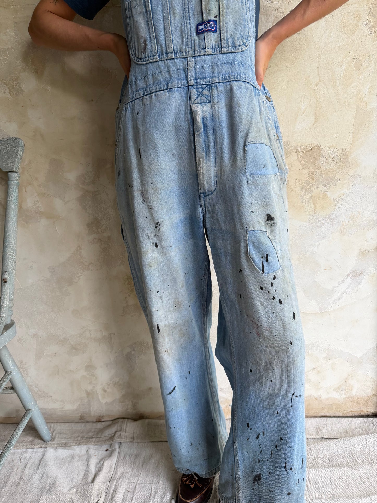 Big Smith Lightwash Distressed + Mended Painters Overalls