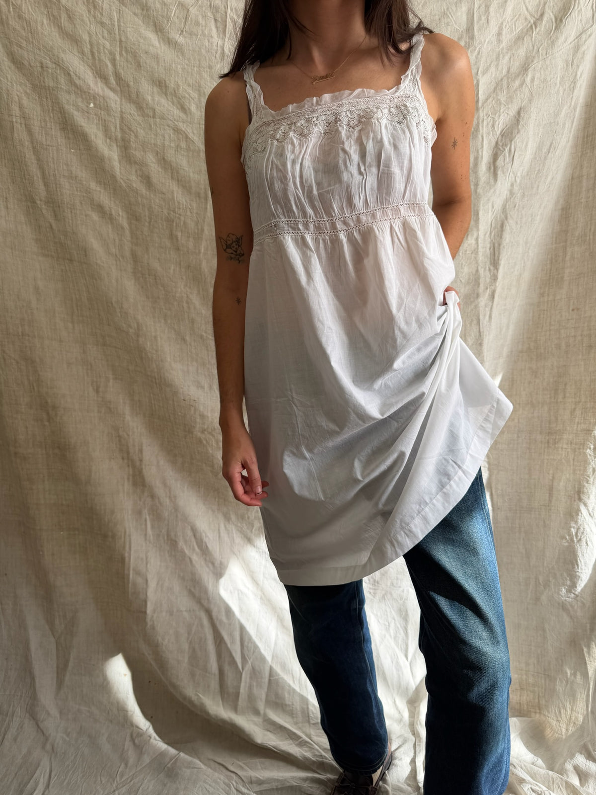 Antique French Cotton Slip with Mesh Ruffle