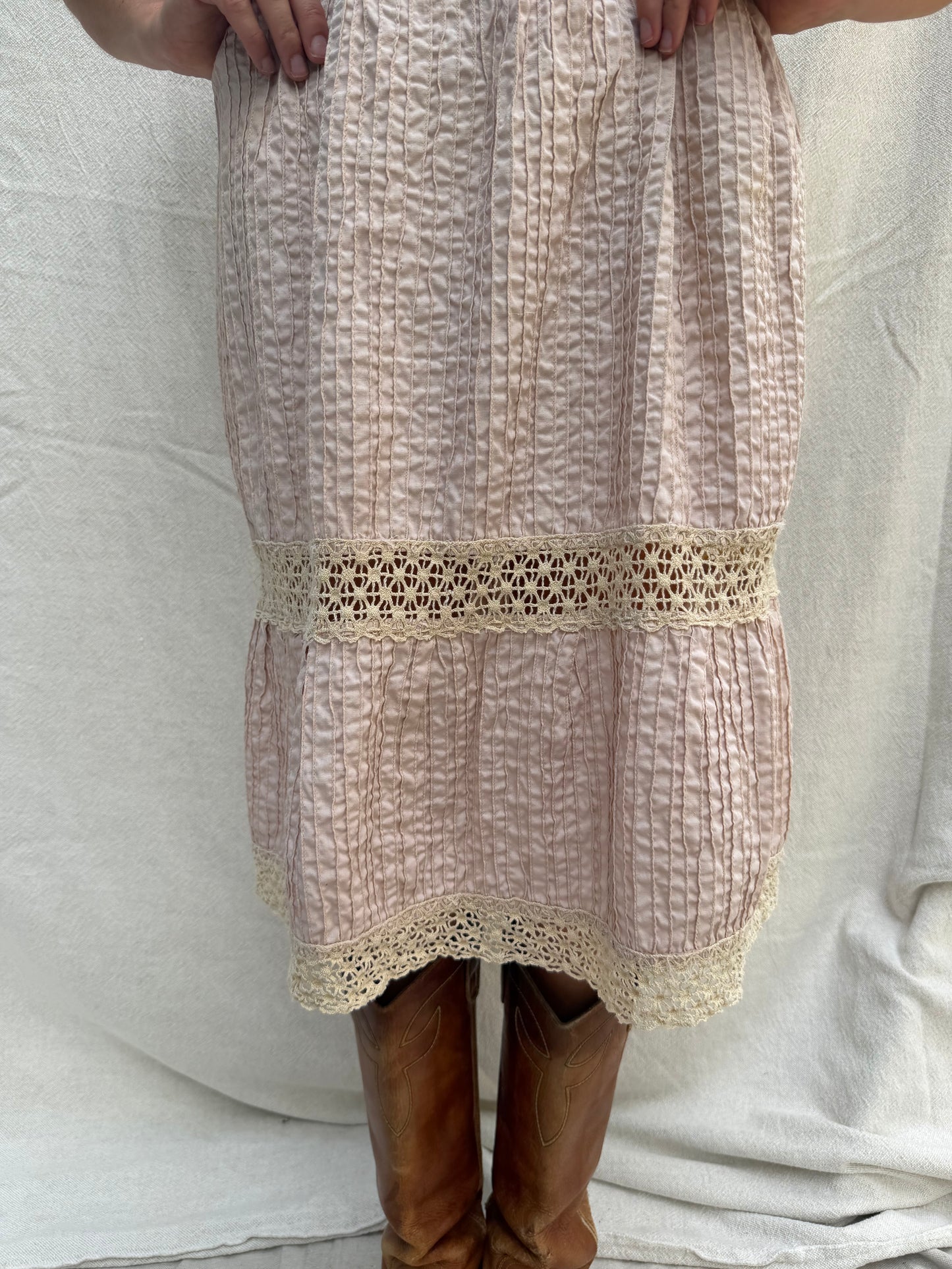 Dusty Rose 70s Crochet Tiered Dress