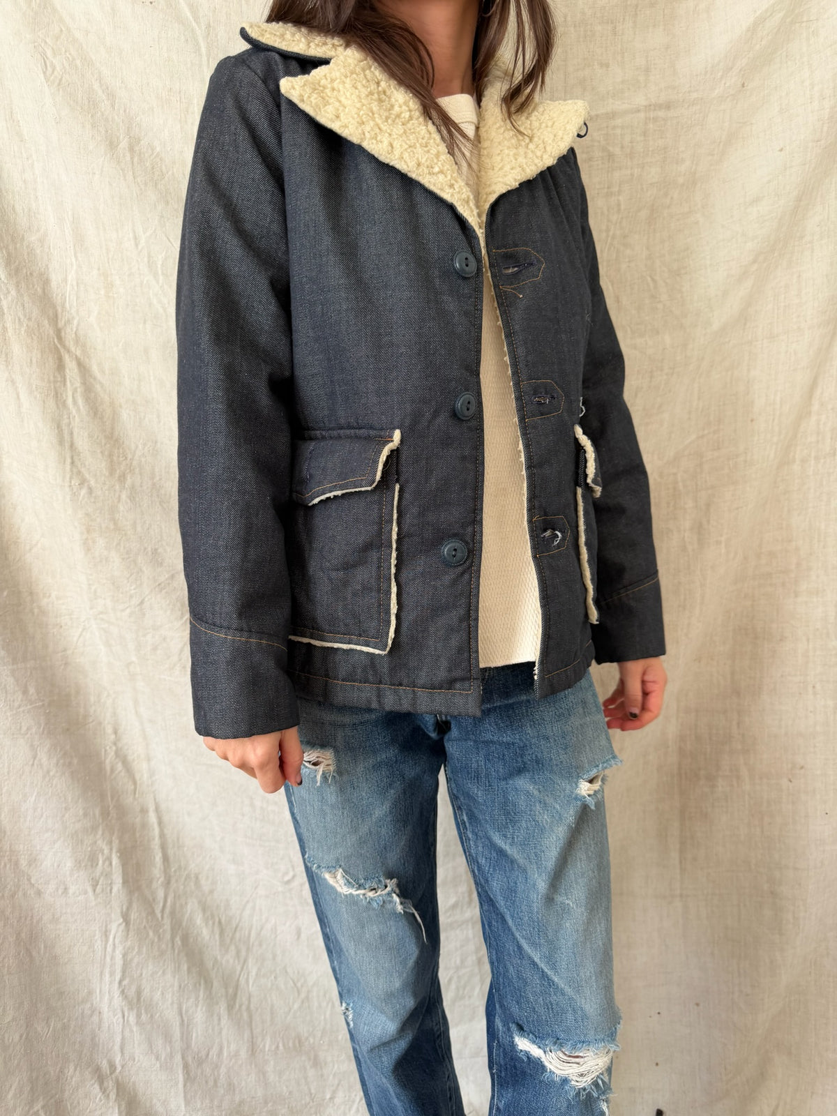 Faux Shearling Dark Denim Jacket