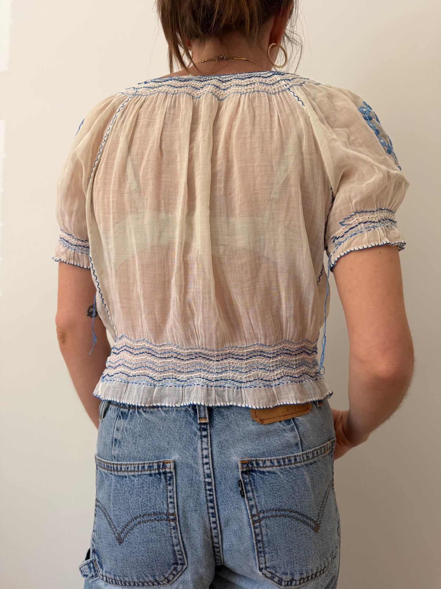 1930s Hungarian Blue Floral Embroidered Blouse