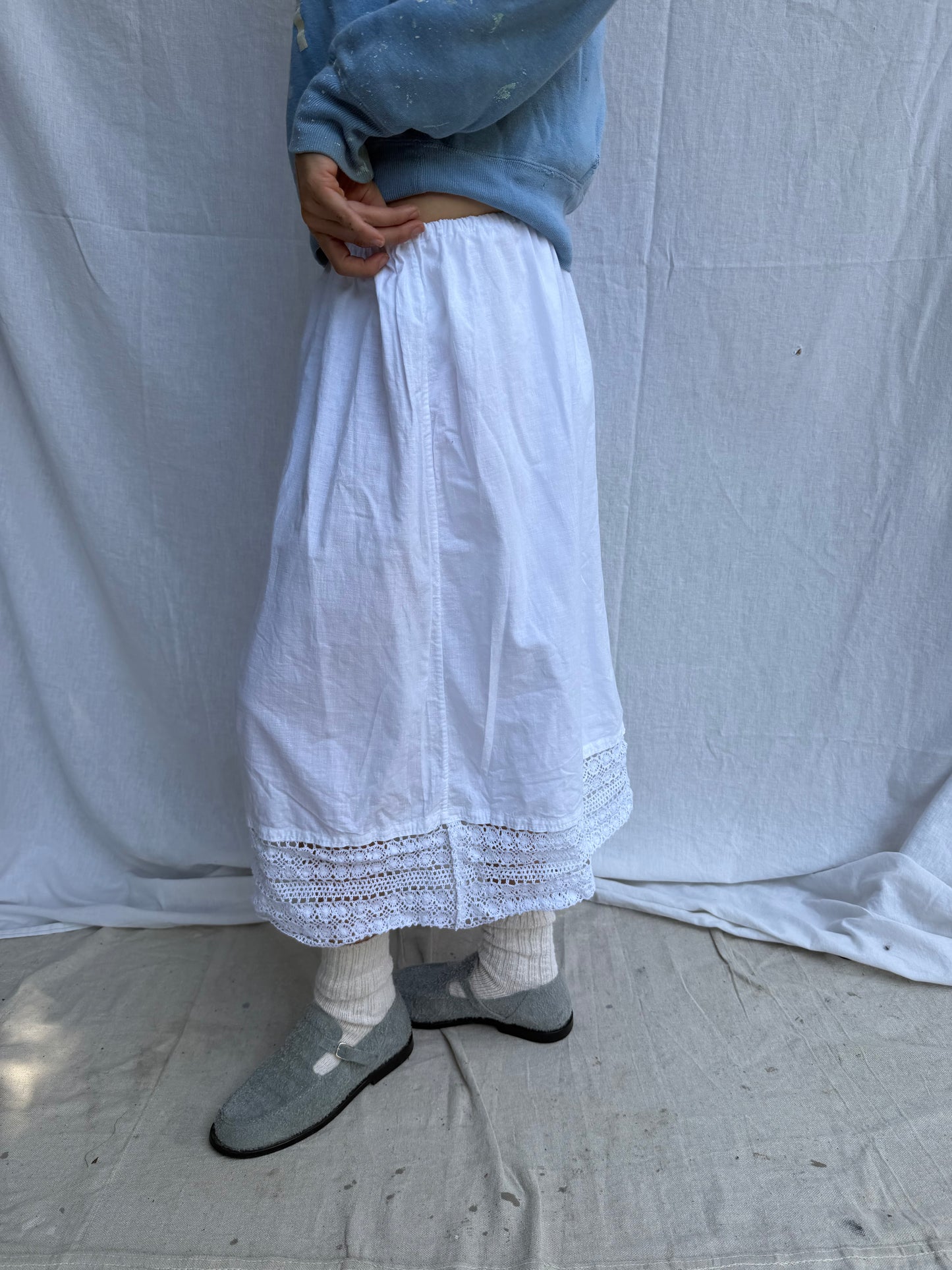 Antique Italian White Cotton Skirt w Crochet Trim