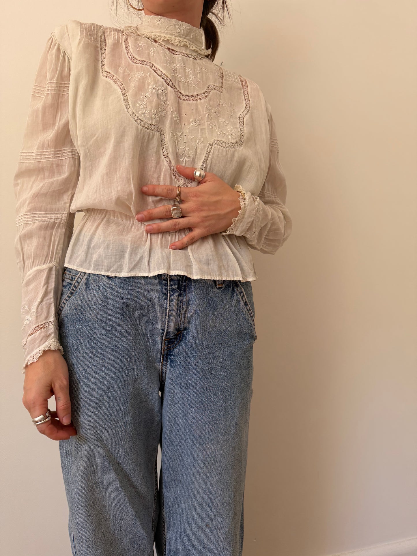 Victorian High Neck Embroidered Cotton Blouse-