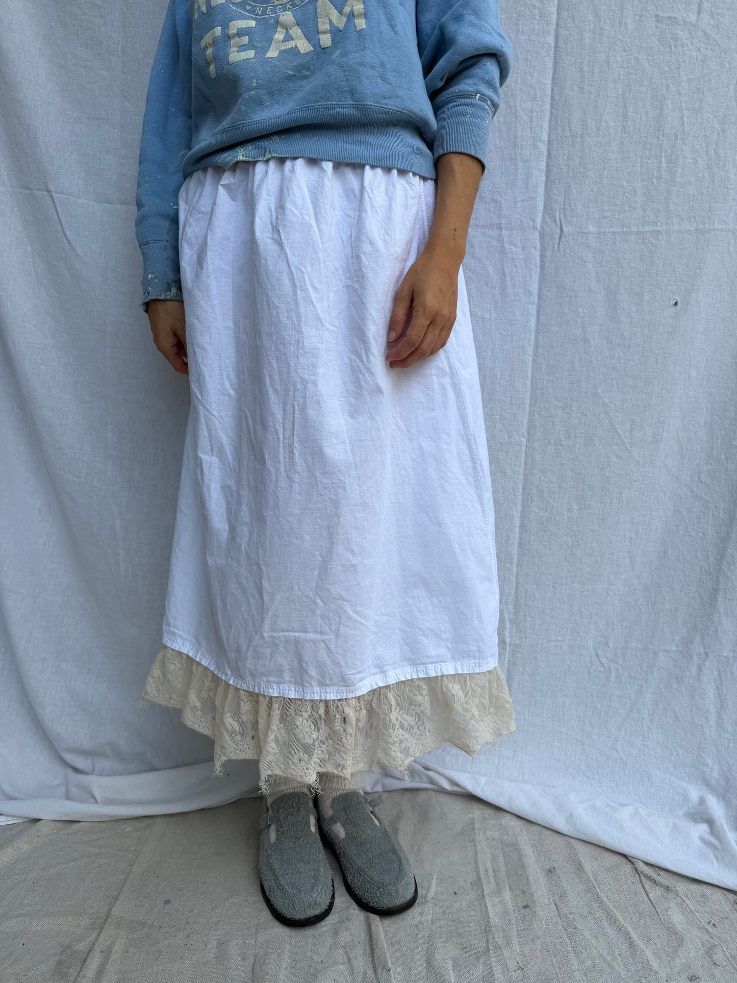 Antique Cotton Skirt with Ivory Lace Ruffle