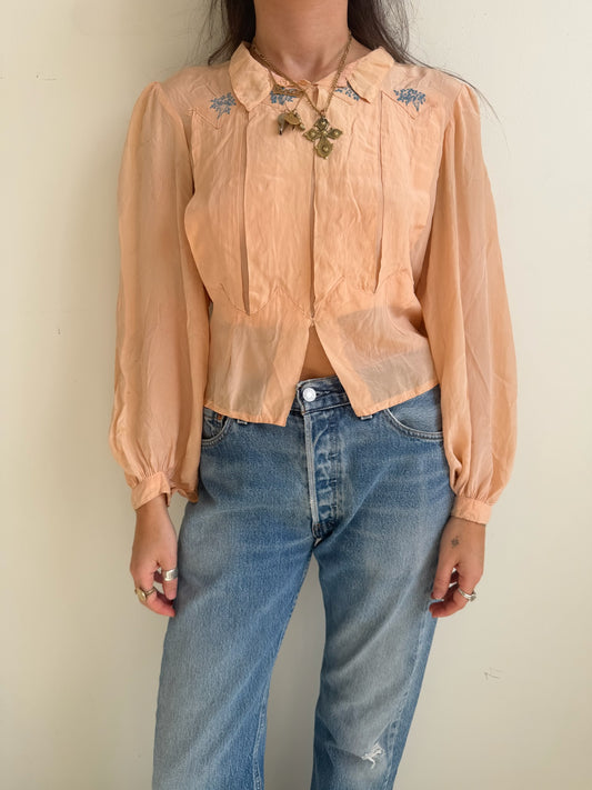 1930s Peachy Silk Embroidered Blouse