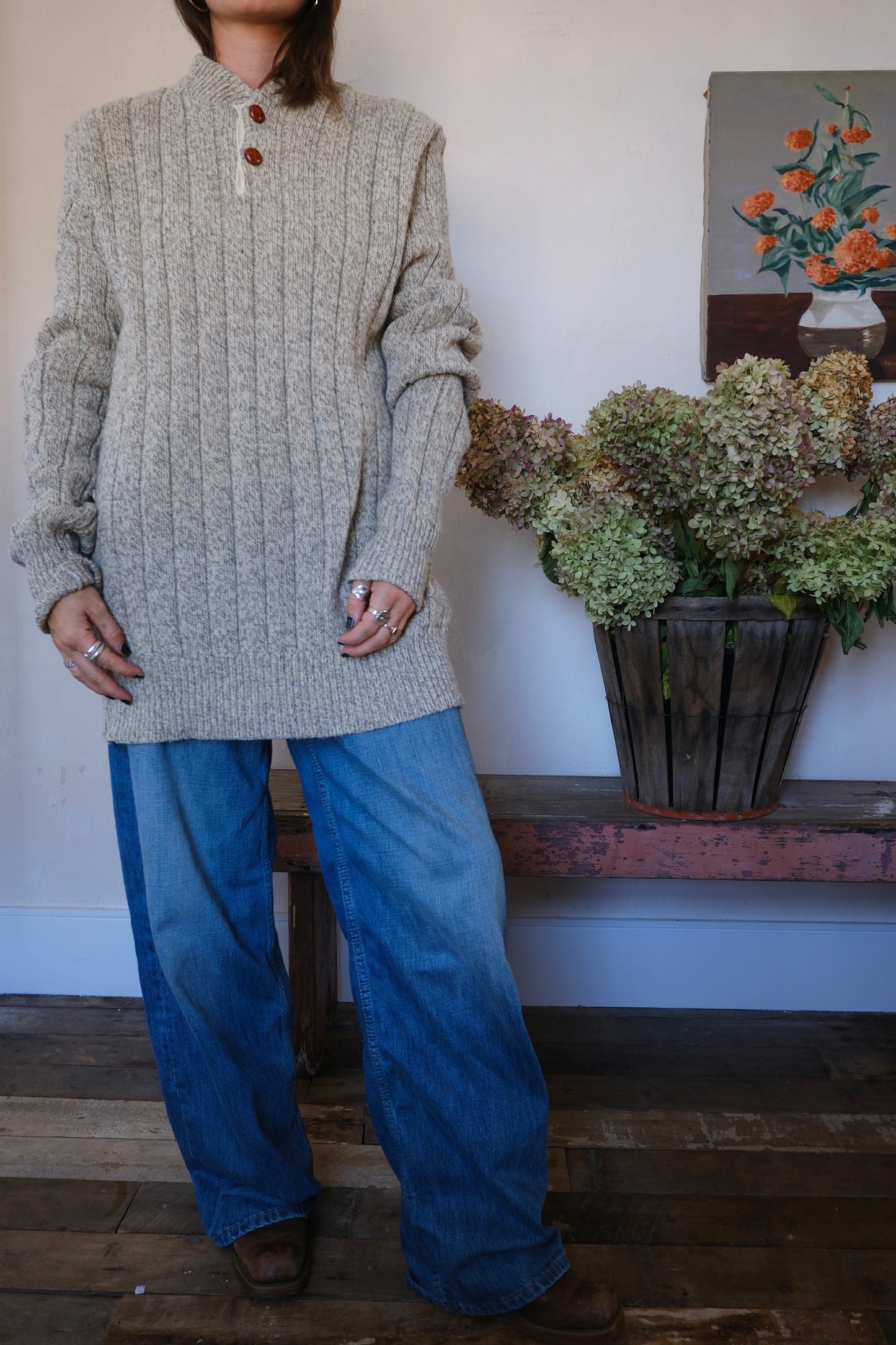 Oatmeal Chunky Button Up Sweater