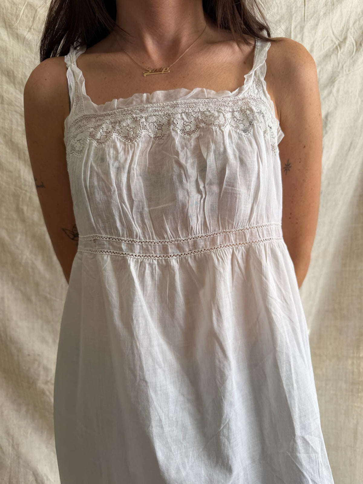 Antique French Cotton Slip with Mesh Ruffle