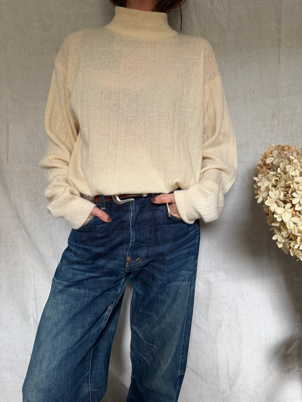 Cream Ribbed Mock Turtle Neck Sweater