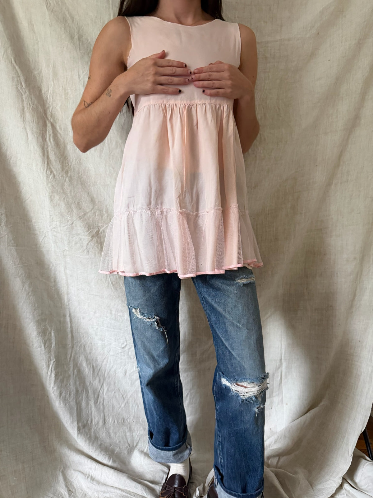 Antique Baby Pink Ruffle Tank