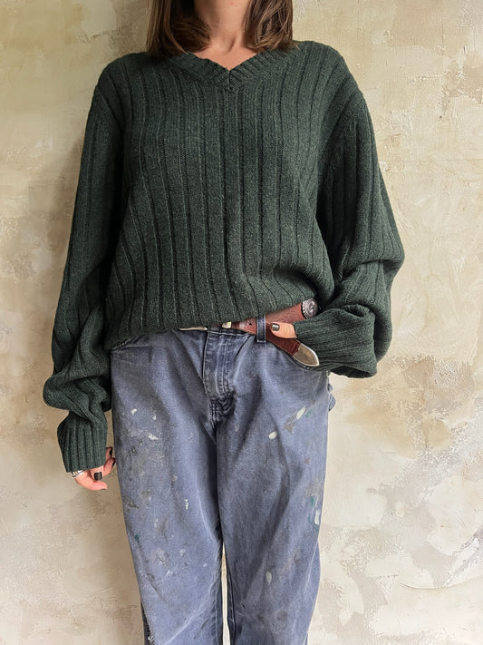 Hunter Green Wool Vneck Sweater