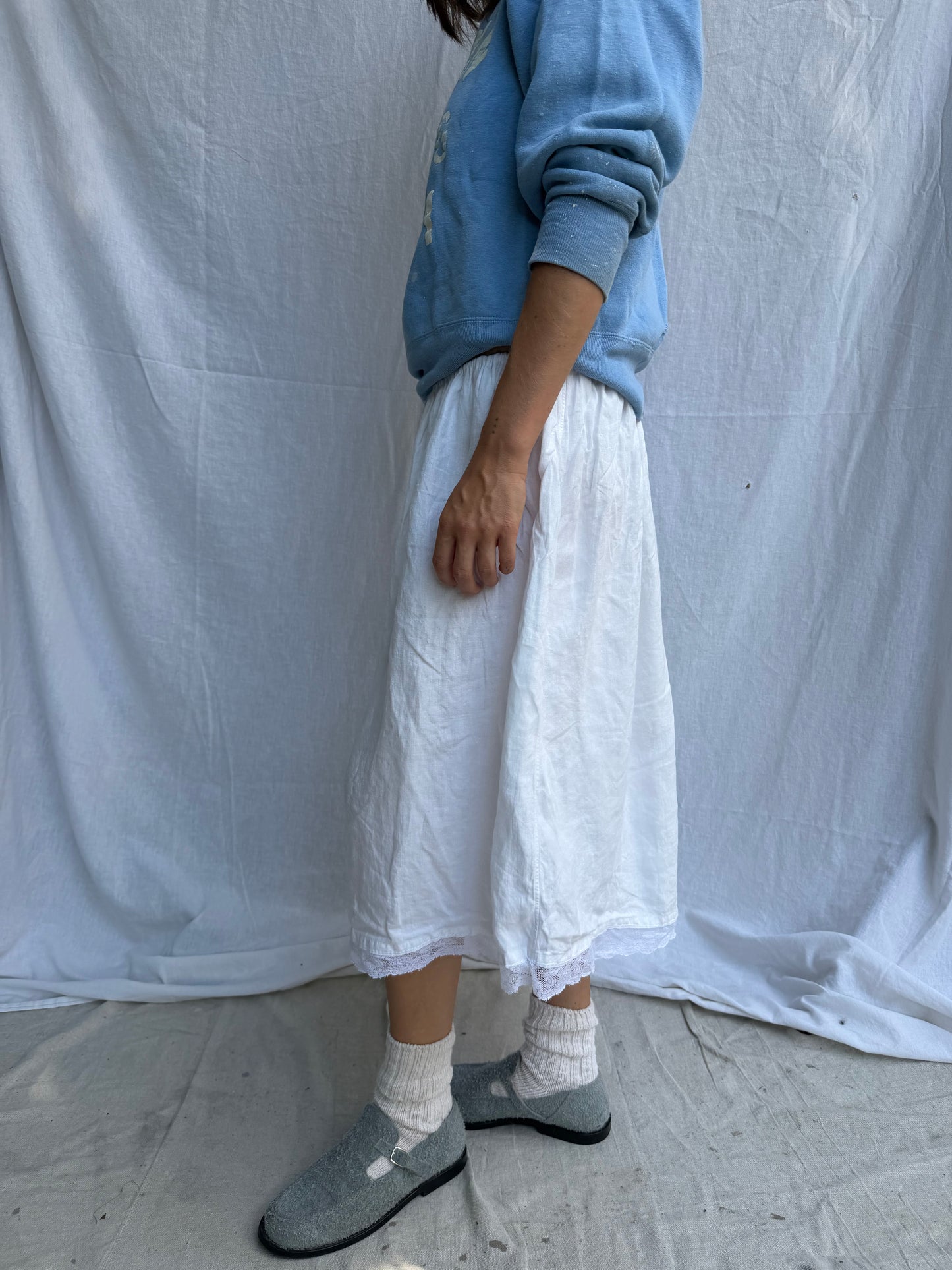 Antique Italian Linen Skirt w/ White Lace Trim