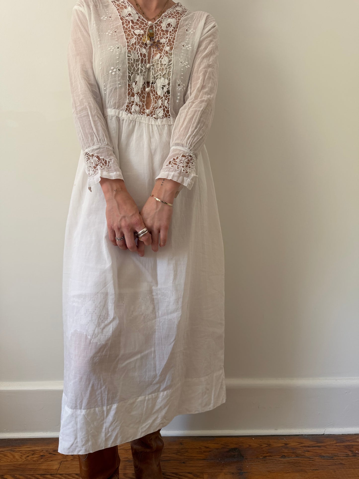 White Victorian Dress With Crochet Detailing