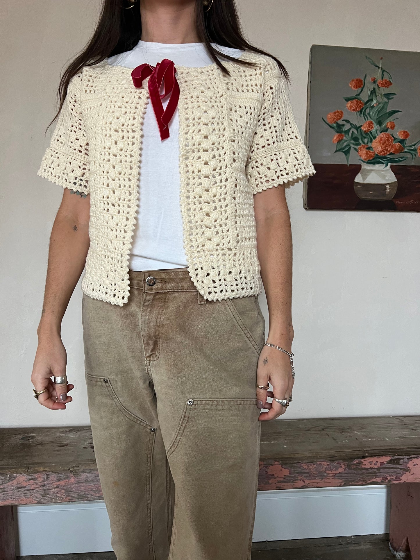 Crochet Cream Tee with Red Velvet Bow