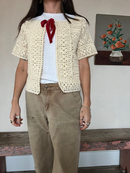 Crochet Cream Tee with Red Velvet Bow