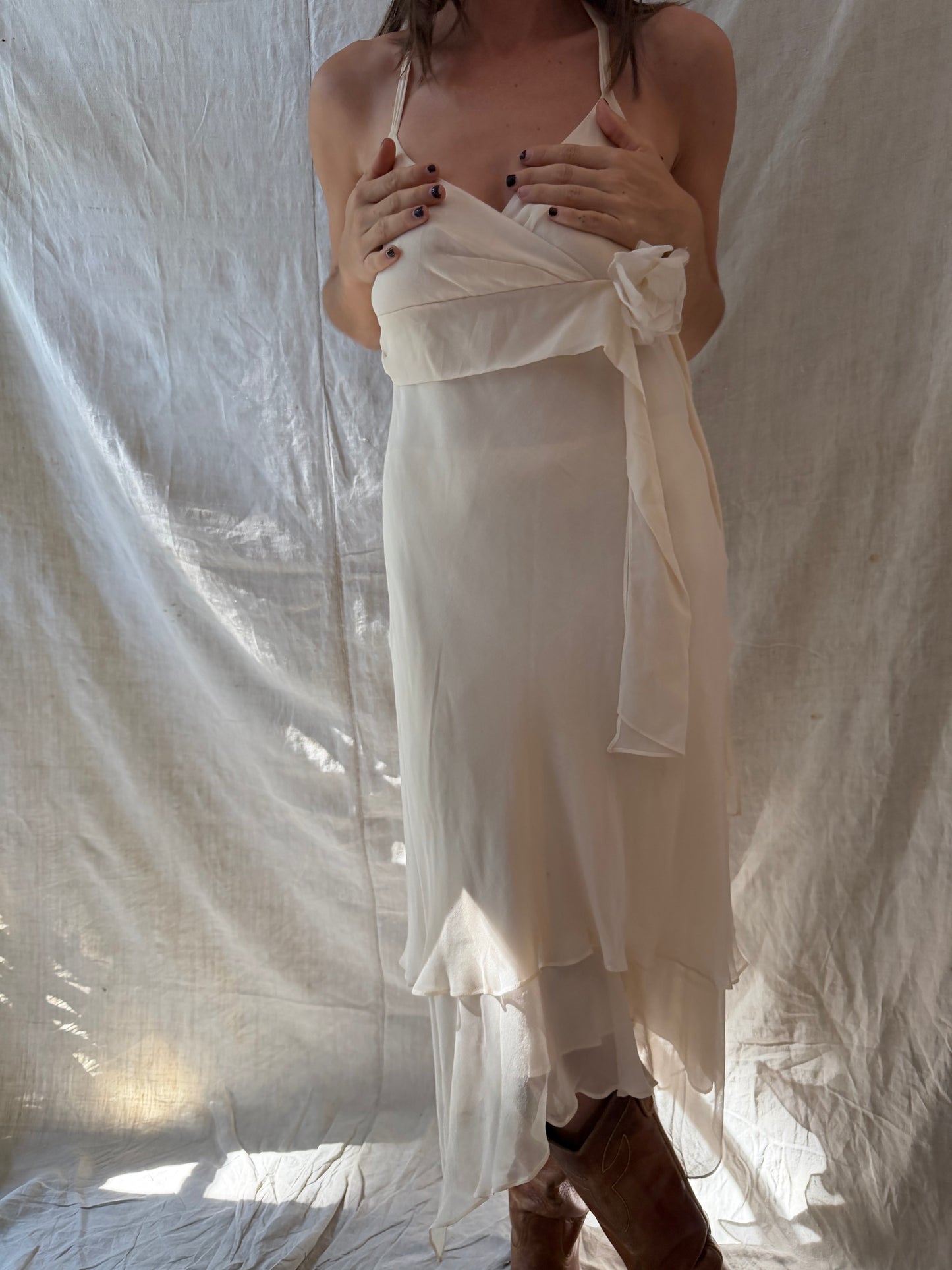 Ivory Silk Flowy Halter Dress