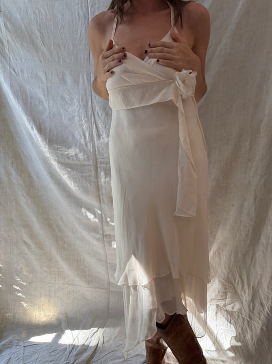 Ivory Silk Flowy Halter Dress