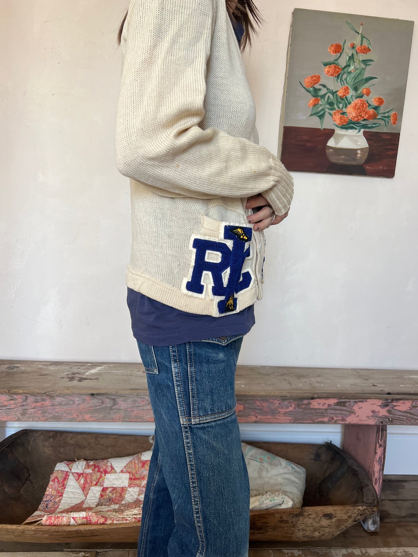 Distressed Patched Wool Varsity Cardigan